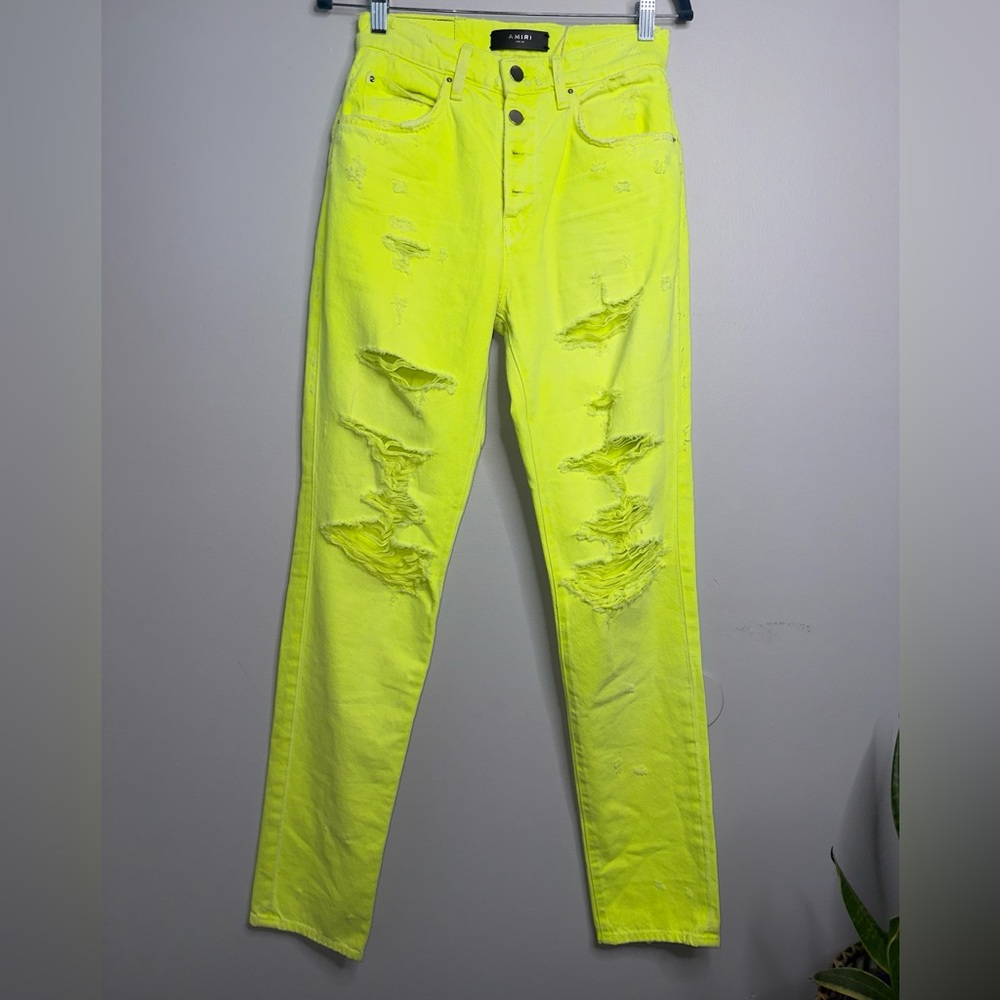 AMIRI Distressed Neon Yellow Skinny Jeans with Button Fly | Size 24